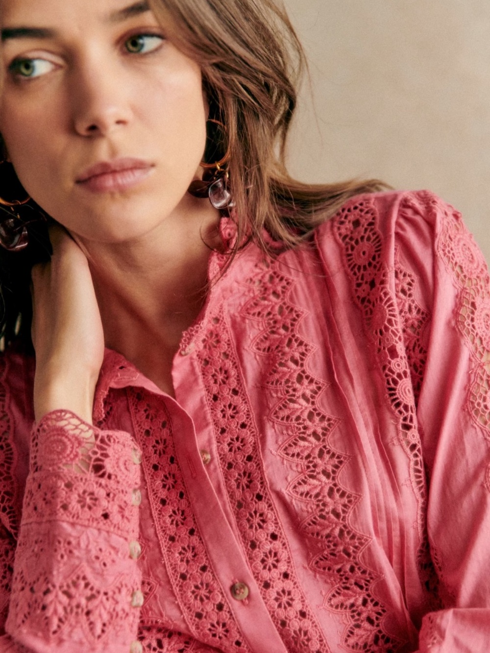 Sezane Rose Pink Lace Pintuck Blouse - Picture 6 of 10
